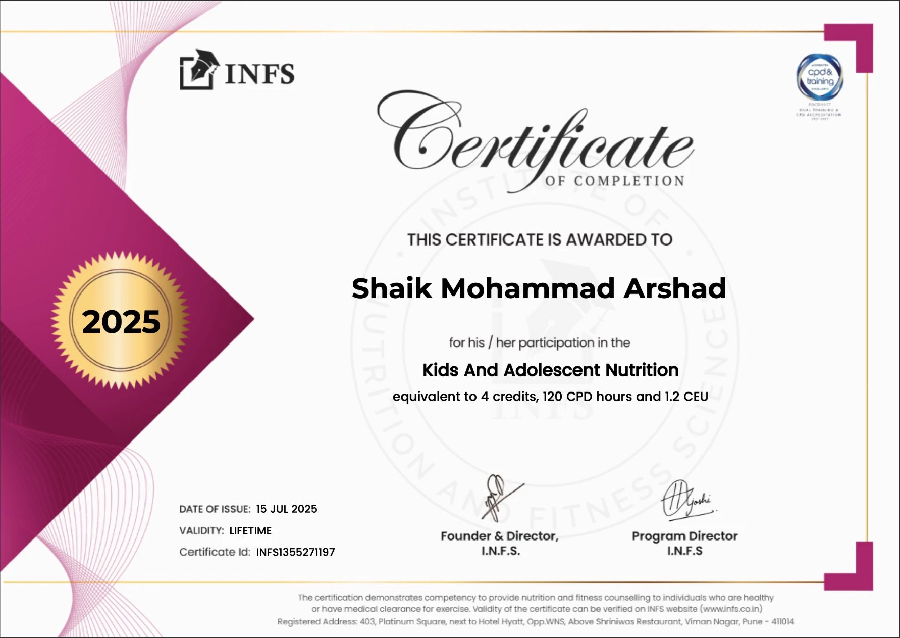 INFS Kids and Adolescent Nutrition Certificate